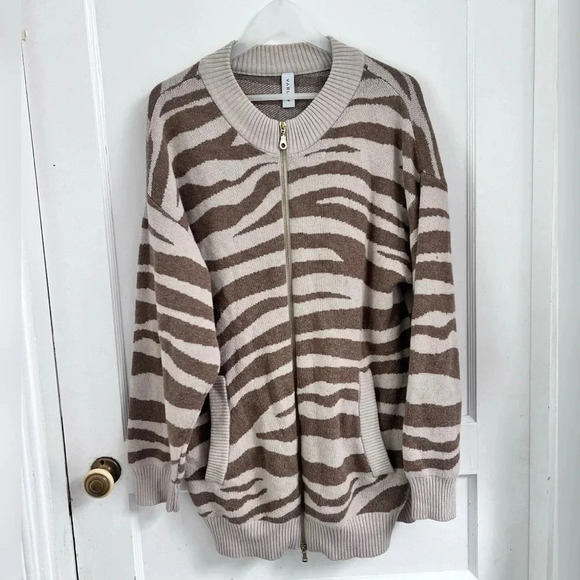Varley Mayberry Zip Merino Wool longline cardigan in cobweb doe zebra Size S - Picture 1 of 6